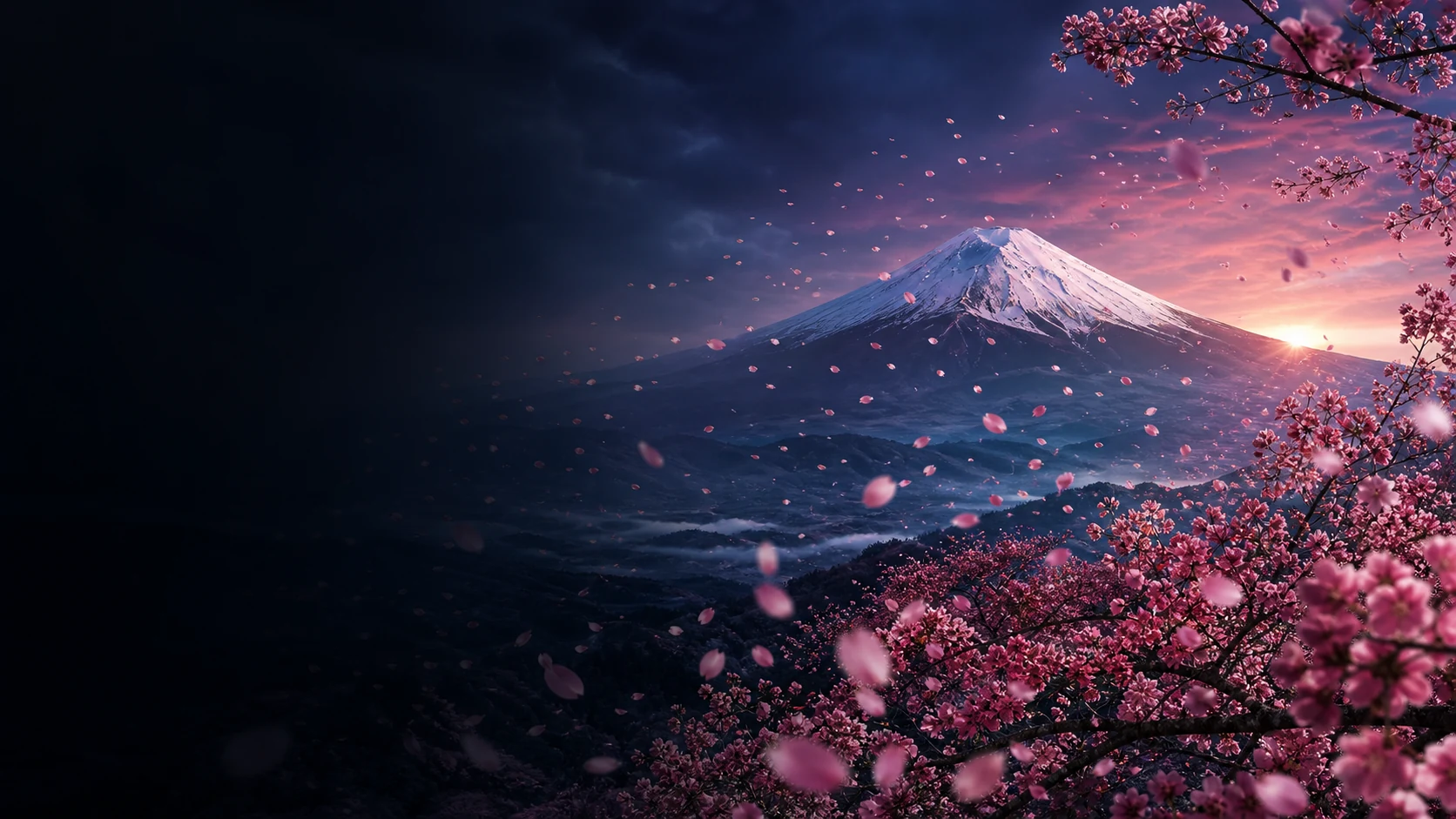 富士山から桜の花びらが世界へ舞い広がる日本の情景